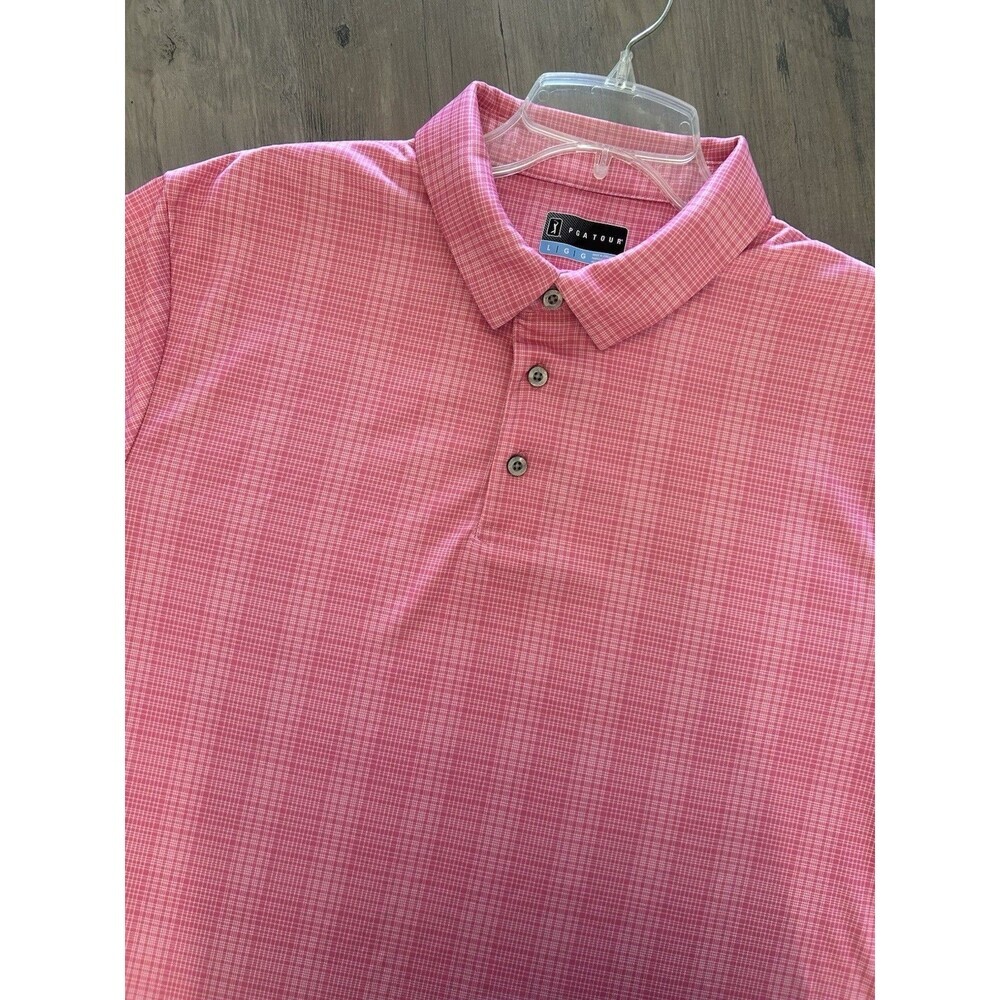 PGA Tour Men's Size L Short Sleeve Golf Polo Shirt Pink Plaid
